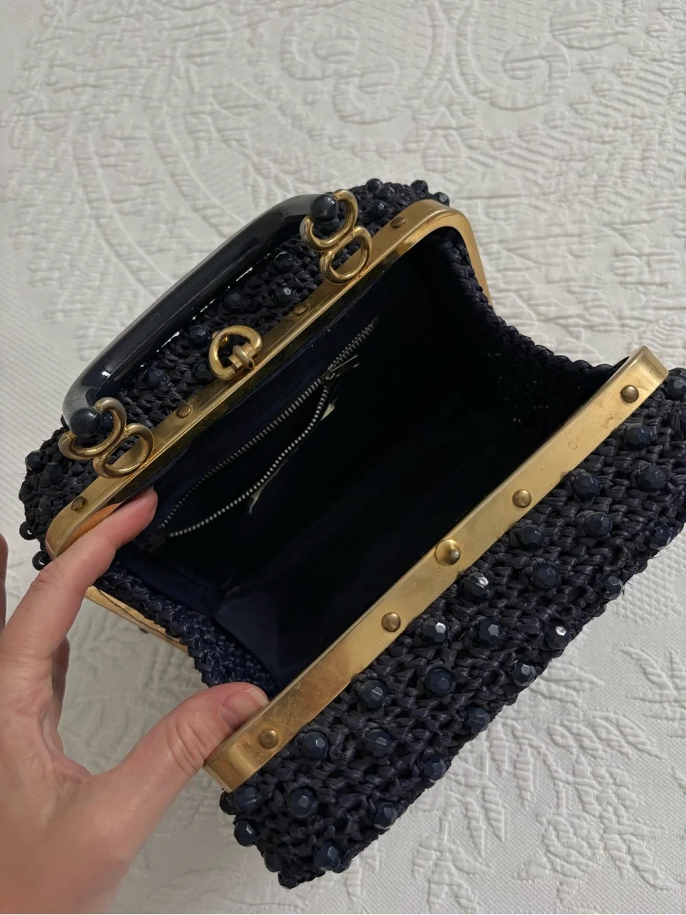 Vintage 1950s beaded navy blue box clutch handbag Made in Italy